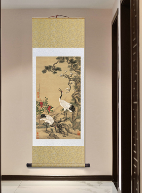 名家沈铨松梅双鹤图卷轴挂画仙鹤图立轴装饰画玄关画书房茶室壁画