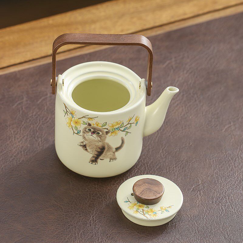 Cute cat beige Ru kiln teapot large capacity lifting beam single pot household tea set accessories tea cup tea can tea ceremony