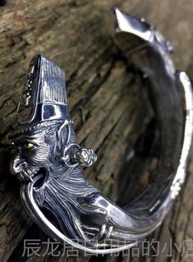 正品男款霸气黑无常开口手镯S9镯25纯白银七爷一见生财八爷天下太