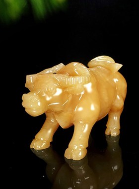 天然米黄玉十二生肖牛摆件工艺品家居客厅玄关办公室桌面玉雕装饰