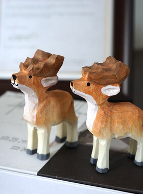 麋鹿手工木雕小摆件可爱动物木质雕刻公仔治愈系圣诞节桌面装饰品