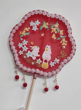 团扇儿童扇子汉服女童扇古风小刺绣长柄舞蹈走 秀拍照古装中秋扇