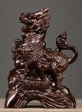 黑檀木雕刻麒麟摆件一对实木雕刻仿古卧室工艺品家居客厅红木装饰