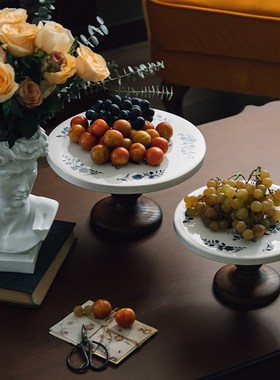 悦澜居香薰托盘摆件家用茶几客厅饭厅实木高脚水果盘茶台中古覆古