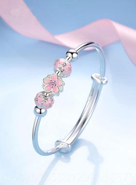 高档99纯银手镯轻气质日韩约时尚0推拉女款圆珠樱年花简银镯子送