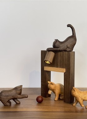 冰冷森林 原木手作木雕朦胧猫床头氛围睡眠小夜灯装饰猫店摆件