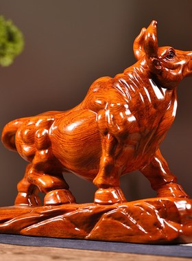 花梨木牛摆件十二生肖牛实木质牛气冲天办公开业家居装饰红木礼品