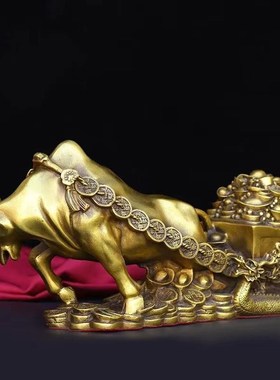 大号铜牛摆件黄铜生肖牛拉元宝车华尔街牛家居饰品办公室店铺摆件