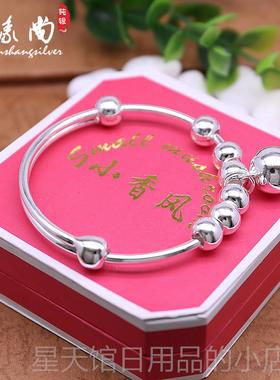 正品银手镯面99纯银镯子女款日银韩版足简约时尚铛手镯光送女友铃