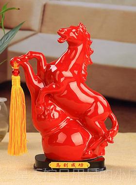 正品红陶瓷马摆件十居二12生肖瓷色器马品客厅工艺礼品摆饰风水家