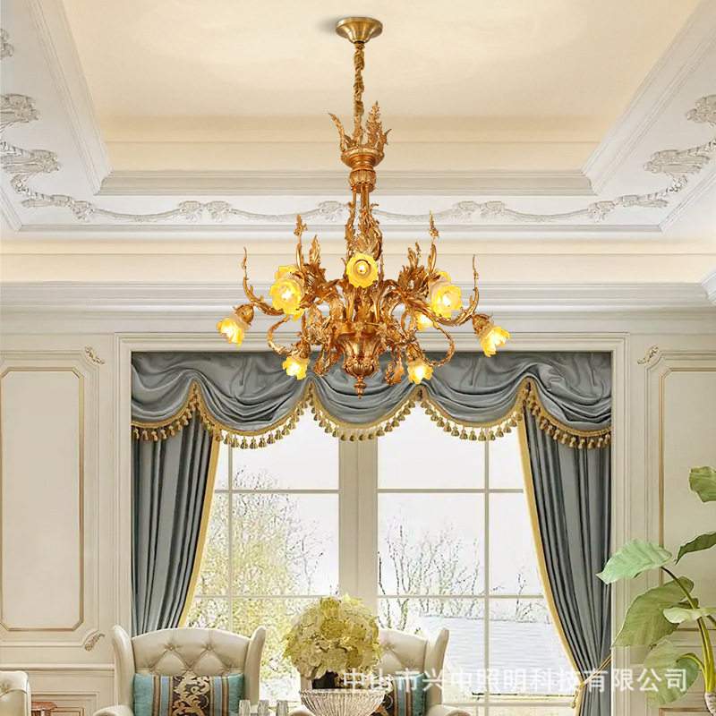 French retro all-copper chandelier, European-style luxury villa, atmospheric living room, bedroom, study, lost-wax candle lighting