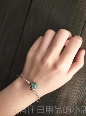 正品印度尼泊古尔手工925银品镶嵌绿石手镯女手环 饰松开口覆民族