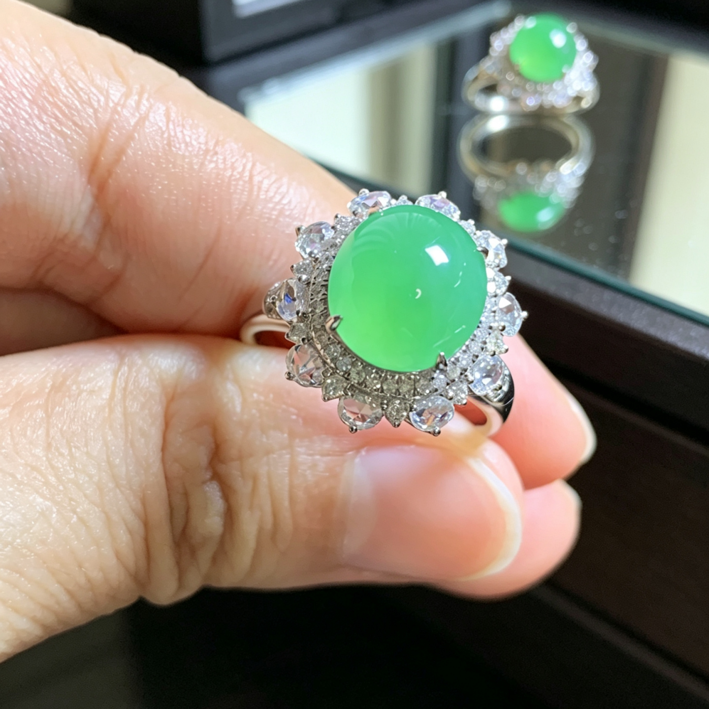 Cuizhijiang A-grade ice-green jadeite 18K gold ring