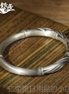 正品祥银足手工制作银圆条复居古节手镯.竹传家