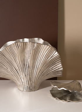 进口铝制复古银杏叶状花器摆件现代简约欧式样板间别墅花瓶装饰品