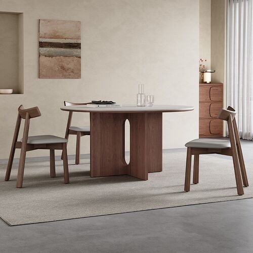 意式岩板餐桌圆形2025新款胡桃木色小户型中古风白色岩板餐桌圆桌 - 图0