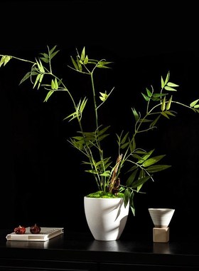 创意中式仿真绿植摆件白色陶瓷花器竹子插花展厅家具角几边几摆花