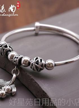 高档足银镯999纯9银手女覆古气质流苏款鱼吊坠圆珠子推拉镯送女友