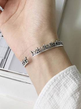 高档银镯9银25银皇冠手手镯女韩版气质开口银镯子纯女王饰品手环