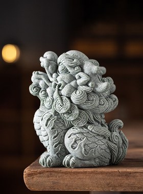 青砂石瑞兽招财麒麟摆件创意家居客厅鱼缸桌面造景园艺盆栽装饰品