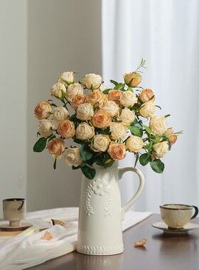 复古焦边玫瑰仿真花假花餐桌装饰插花客厅干花艺摆件小花束高级感