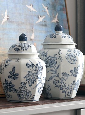 古风陶瓷花瓶青花瓷手绘缠枝花纹八角客厅陶瓷摆件仿古装饰书房