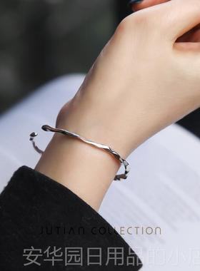 高档JUTAIN 约纯银手镯女INS个性潮简不规则凹凸面女款细百搭银饰