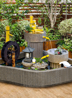 庭院入户花园布置循环流水摆件小院鱼池装饰假山石磨造景园林景观