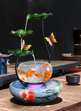 桌面小型金鱼缸玻璃圆形创意循环自动流水喷泉摆件装饰客厅加湿器