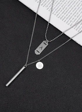 原宿港风ins潮个性嘻哈多层钛钢项链男女情侣吊坠配饰几何潮流