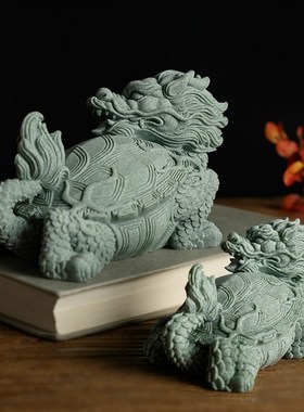 中式招财龙龟鱼缸沉底造景装饰品创意青砂石书房桌面瑞兽玄武摆件