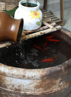 陶瓷大水缸鱼缸复古做旧仿青铜庭院造景流水门海酒店民宿室外缸