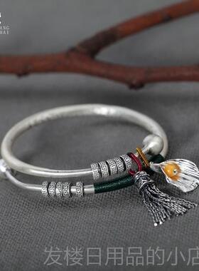 正品银镯女99纯古银复古实心吊流苏法宫铃坠民族风手古风推拉拢银