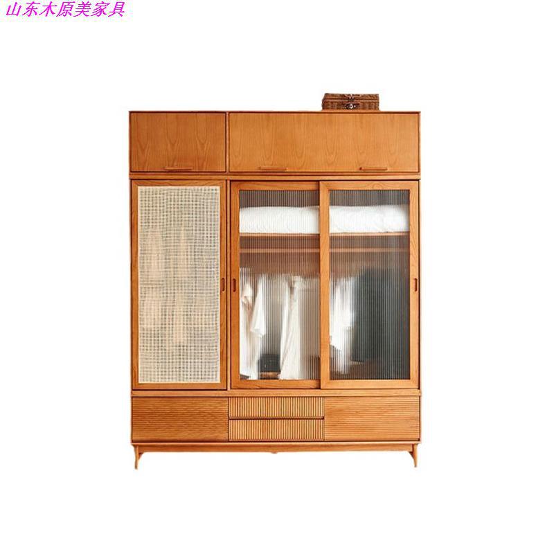 Japanese-style bedroom household large-capacity storage cabinet simple modern log glass wardrobe sliding three-door solid wood wardrobe