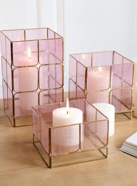 色直铜中号方风格怀旧风白色销粉色玻璃风灯ali-6849蜡烛防烛台摆