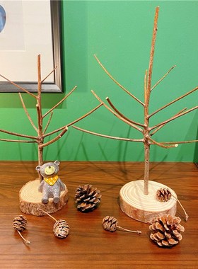 带皮树杈原木桌面摆件装饰造景架子干树枝造型手工创意幼儿园环创