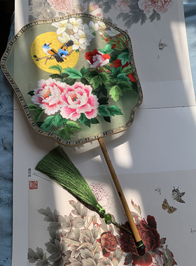 苏绣手工双面绣宫扇熊猫刺蜀湘绣湘妃婚扇古典团扇结婚送老外品新