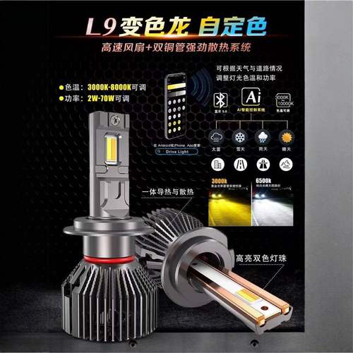 汽车LED大灯H1/H4/H7H4H7双铜管L9智能款大功率车调灯升级高亮色 - 图0