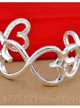 正品新年镯礼物 珍925纯银双心扉开口手镯 时韩尚银手饰品女藏银