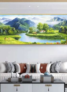 纯手绘油画山水风景聚宝盆客厅沙发背景墙装饰画福鹿守望餐厅挂画
