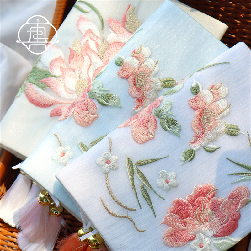 真我 芍药荷花 中式刺绣手工布书衣套装A5A6手账本记事本封套文创 - 图1