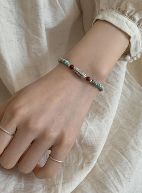 足银999 国风简约绿松石手串女复古轻奢手链新中式高级感串珠手饰