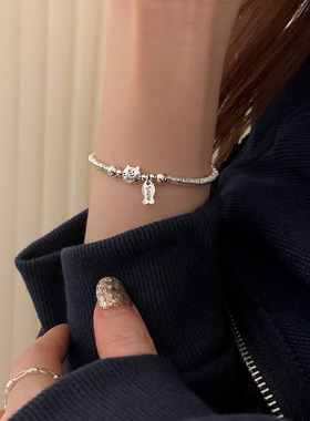 日韩简约串珠S925纯银小盘缠小猫吃鱼手链轻奢小众百搭精致女手饰