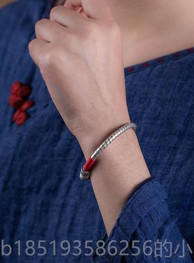 高档大善堂纯银心经手镯本开口实心足银命年红绳好运艺镯子复古女