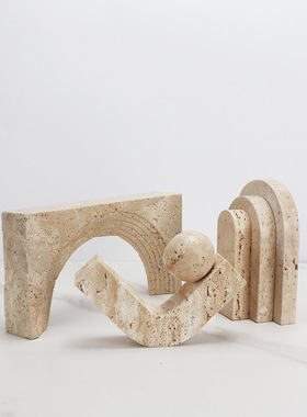 现代侘寂风黄色洞石套环几何链扣拱门摆件样板间大理石书挡装饰品