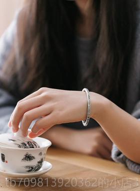 高档罗泰银匠99纯银森系复古手镯男士款情侣民族风礼物女足9银老