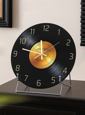 客厅电视柜钟表摆台式桌面时钟摆放式中古风软装挂钟黑胶唱片座钟