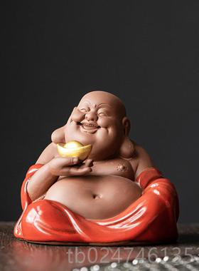 正品中式红色客大肚弥勒佛笑佛厅博架办公室面装饰品桌陶古瓷招财
