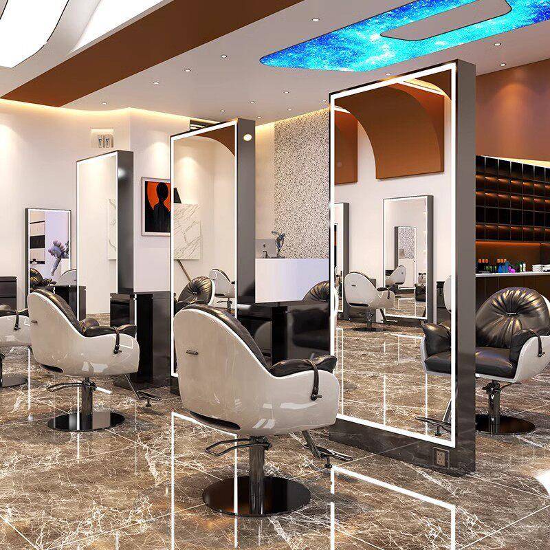 New hair salon Internet celebrity mirror gallery dyeing special surface / barber shop double-sided floor-standing hair cutting and perming mirror with light
