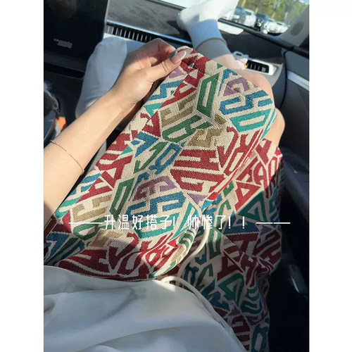 潮牌美式字母涂鸦针织短裤男夏季设计感提花刺绣宽松休闲五分裤子 - 图2